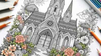 DALL·E 2024-03-04 10.37.14 - Create an image of a church-themed adult coloring page, partially colored. The page should feature intricate designs suitable for adults, with a gothi
